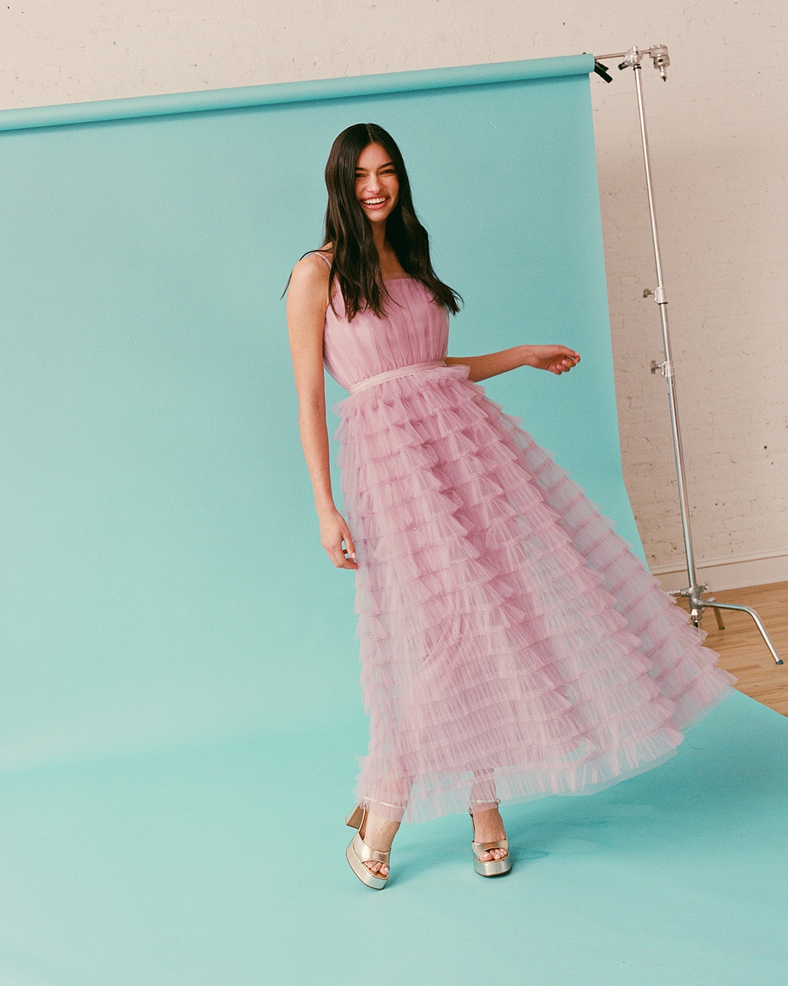 TIERED TULLE GOWN DAWN PINK